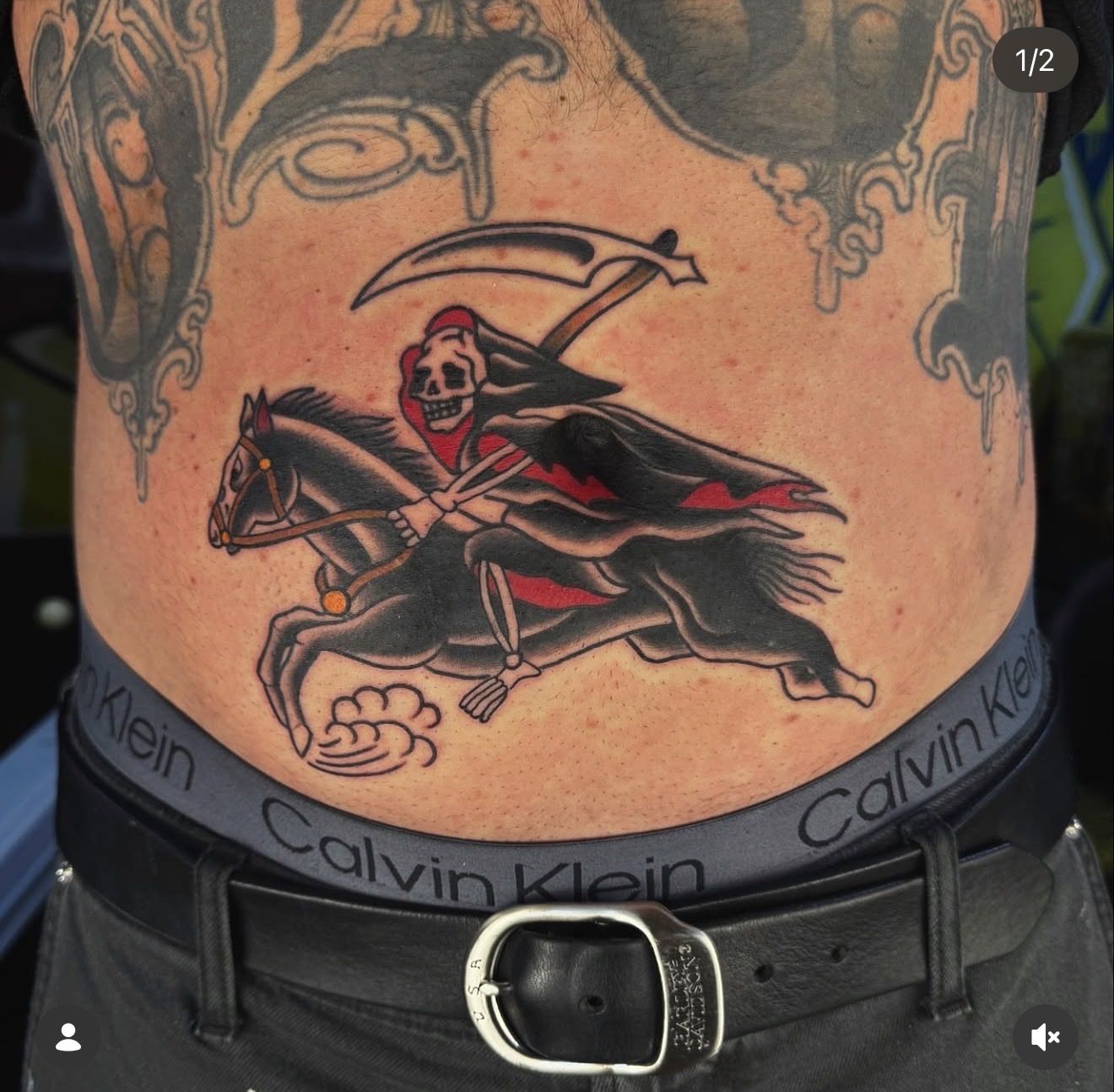 American traditional Grim Reaper riding a horse. Yes we blacked out his belly button.