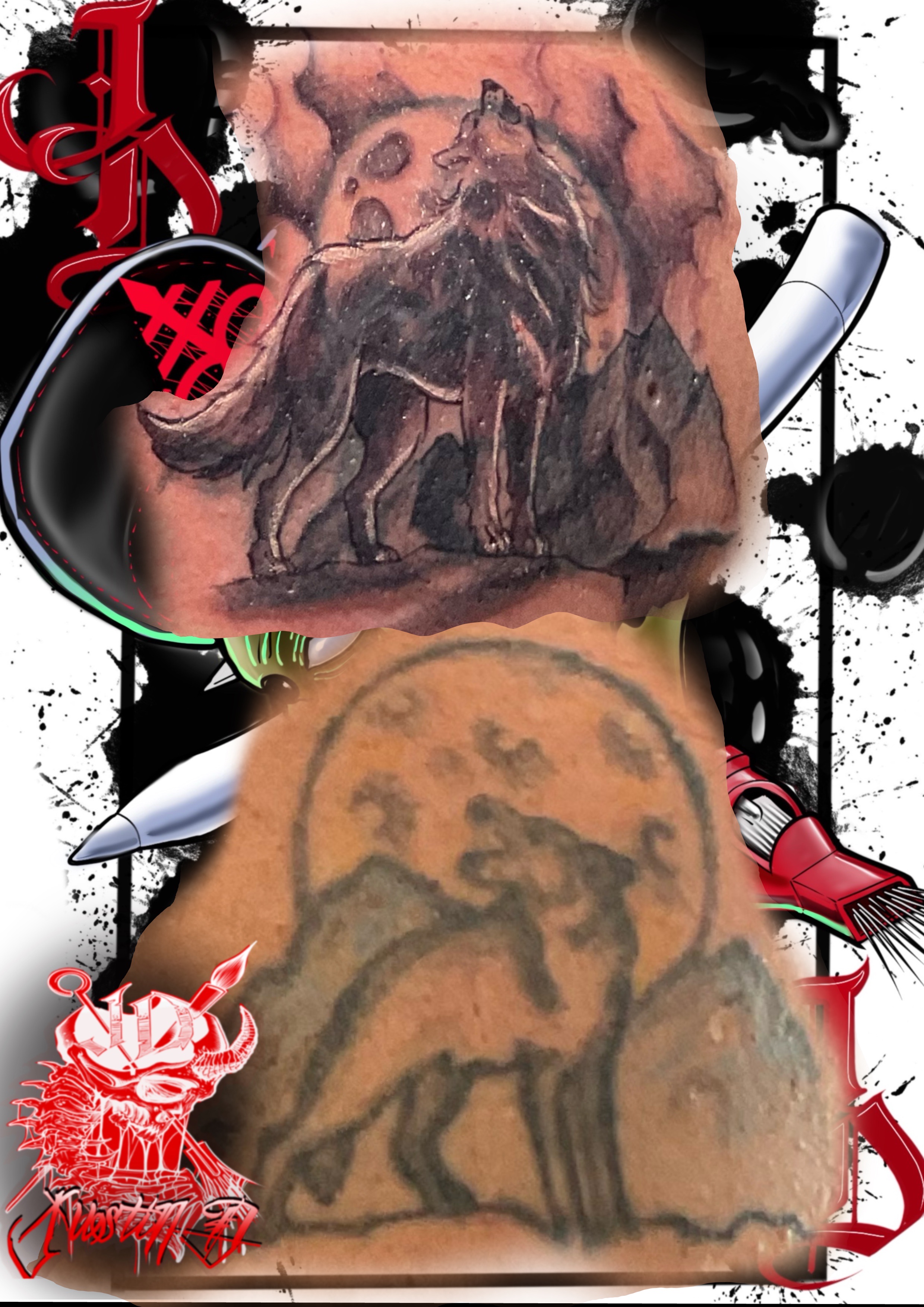 Black and gray cover-up of a wolf