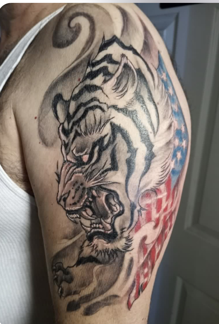 White tiger with American flag